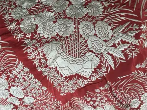 1151 SOLD Antique Double Sided Embroidery Manila Manton - Cantonese Embroidery with Cherry Red / Apricot Base