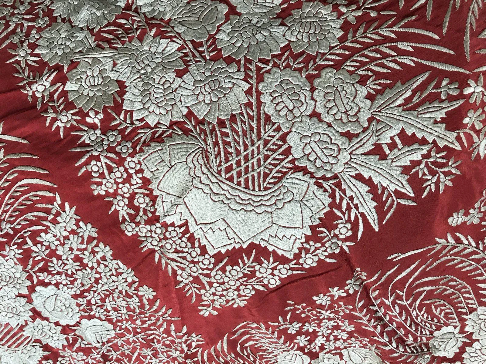 1151 SOLD Antique Double Sided Embroidery Manila Manton - Cantonese Embroidery with Cherry Red / Apricot Base