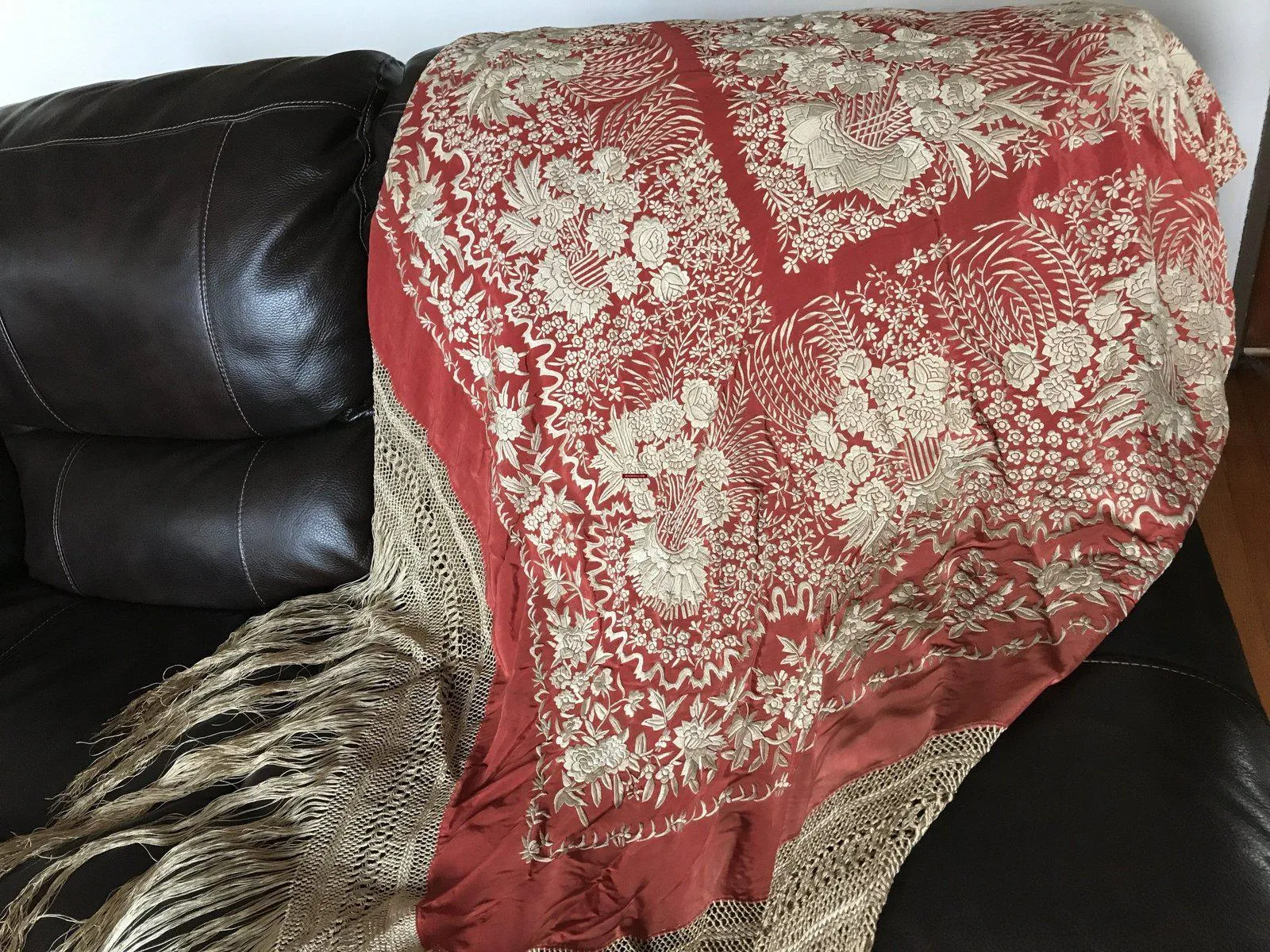 1151 SOLD Antique Double Sided Embroidery Manila Manton - Cantonese Embroidery with Cherry Red / Apricot Base