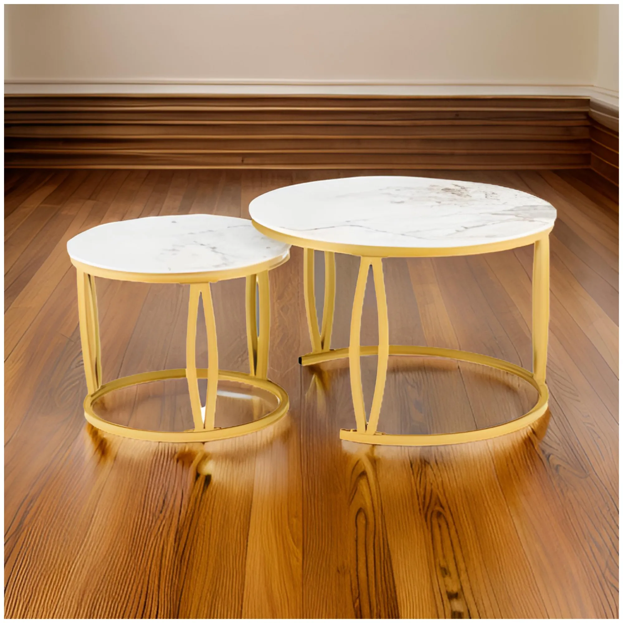 2Pcs Of Modern Round Living Room Marble Top Nesting Coffee CT-28-6 White & Gold Table