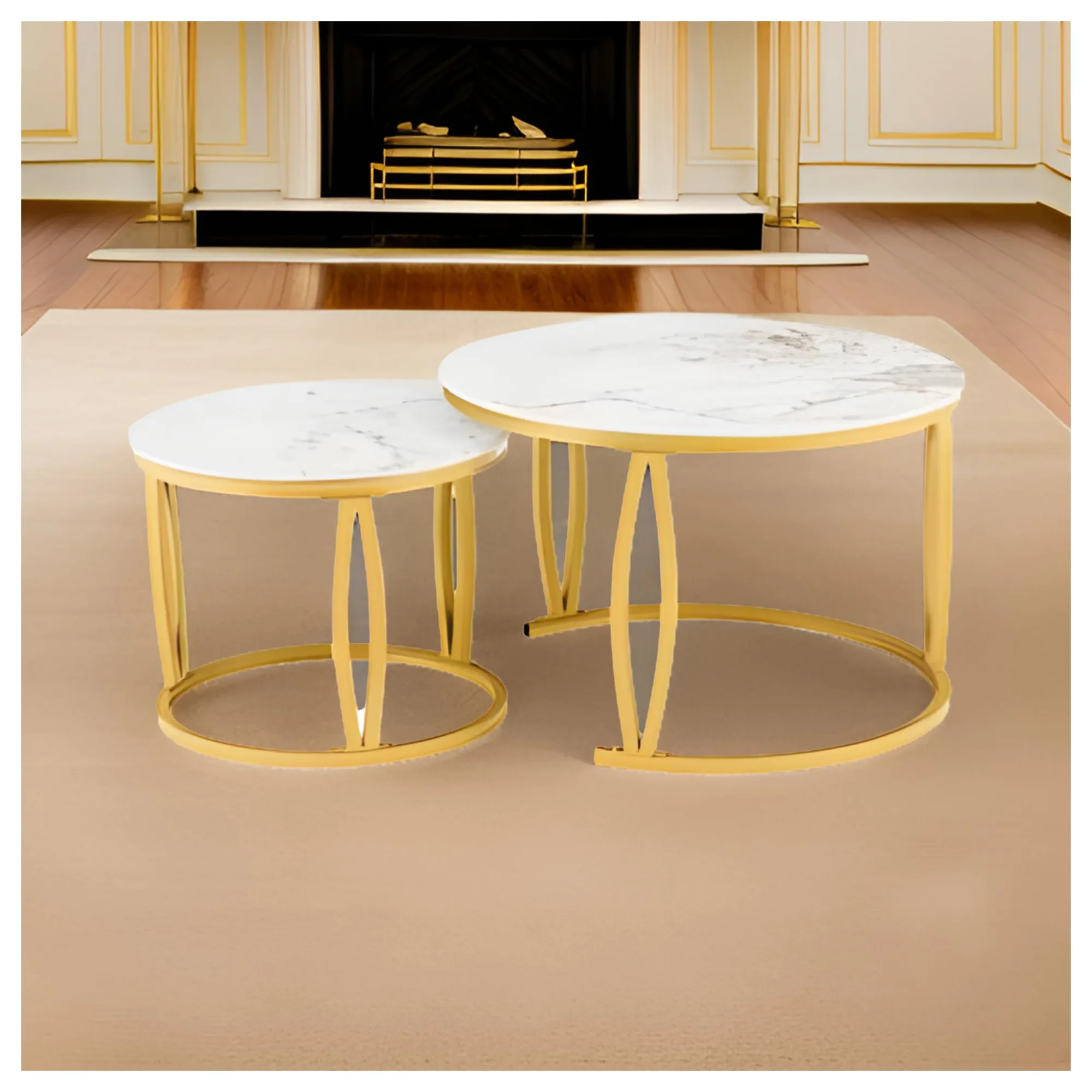 2Pcs Of Modern Round Living Room Marble Top Nesting Coffee CT-28-6 White & Gold Table