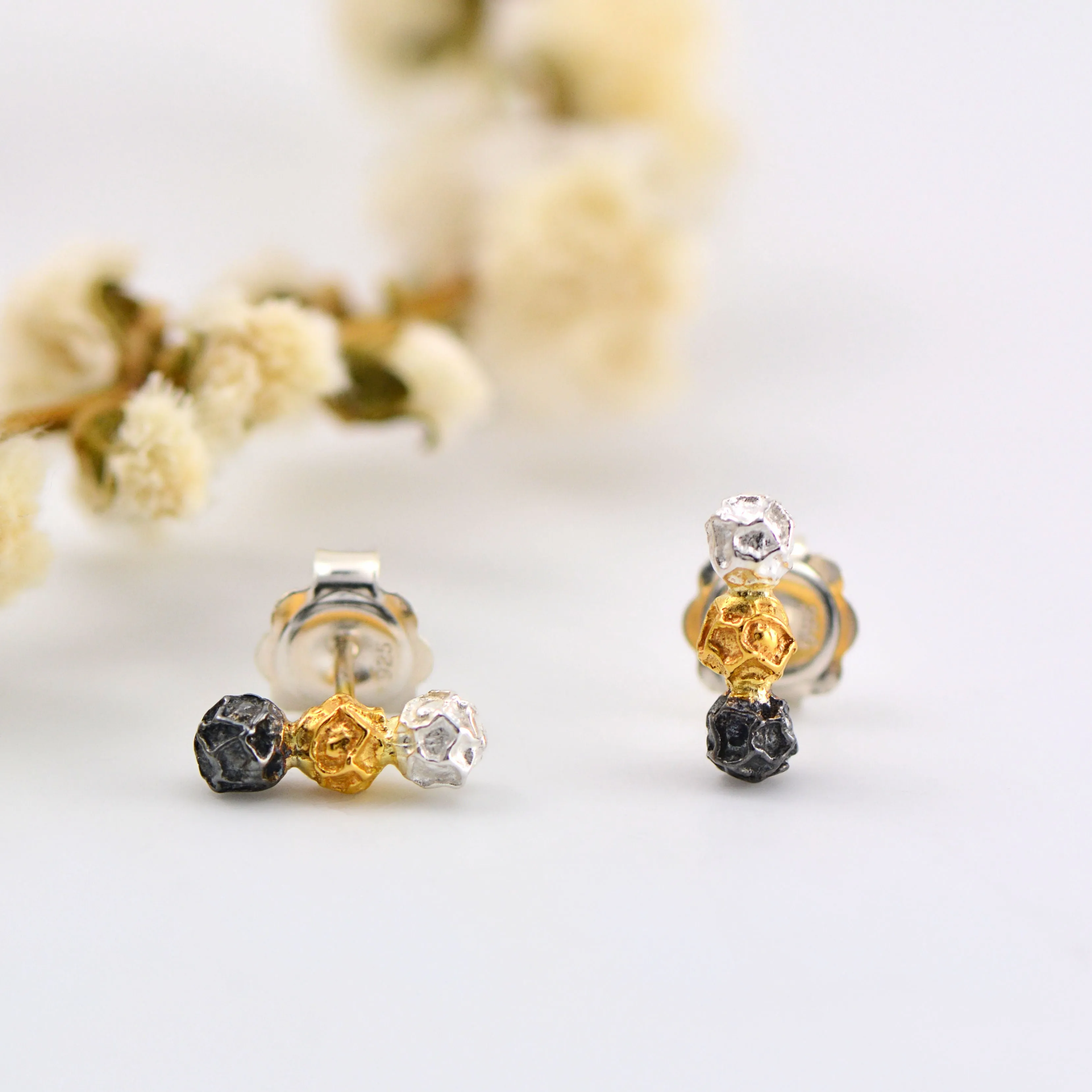 A silver three colours bar stud earrings