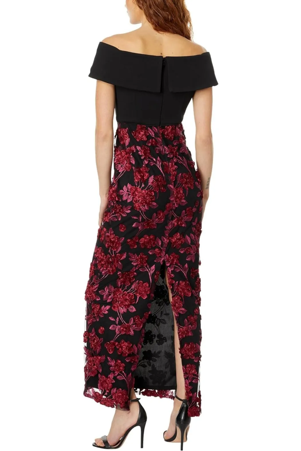 Adrianna Papell Embroidered Off-the-Shoulder Short Sleeve Bodice Gown