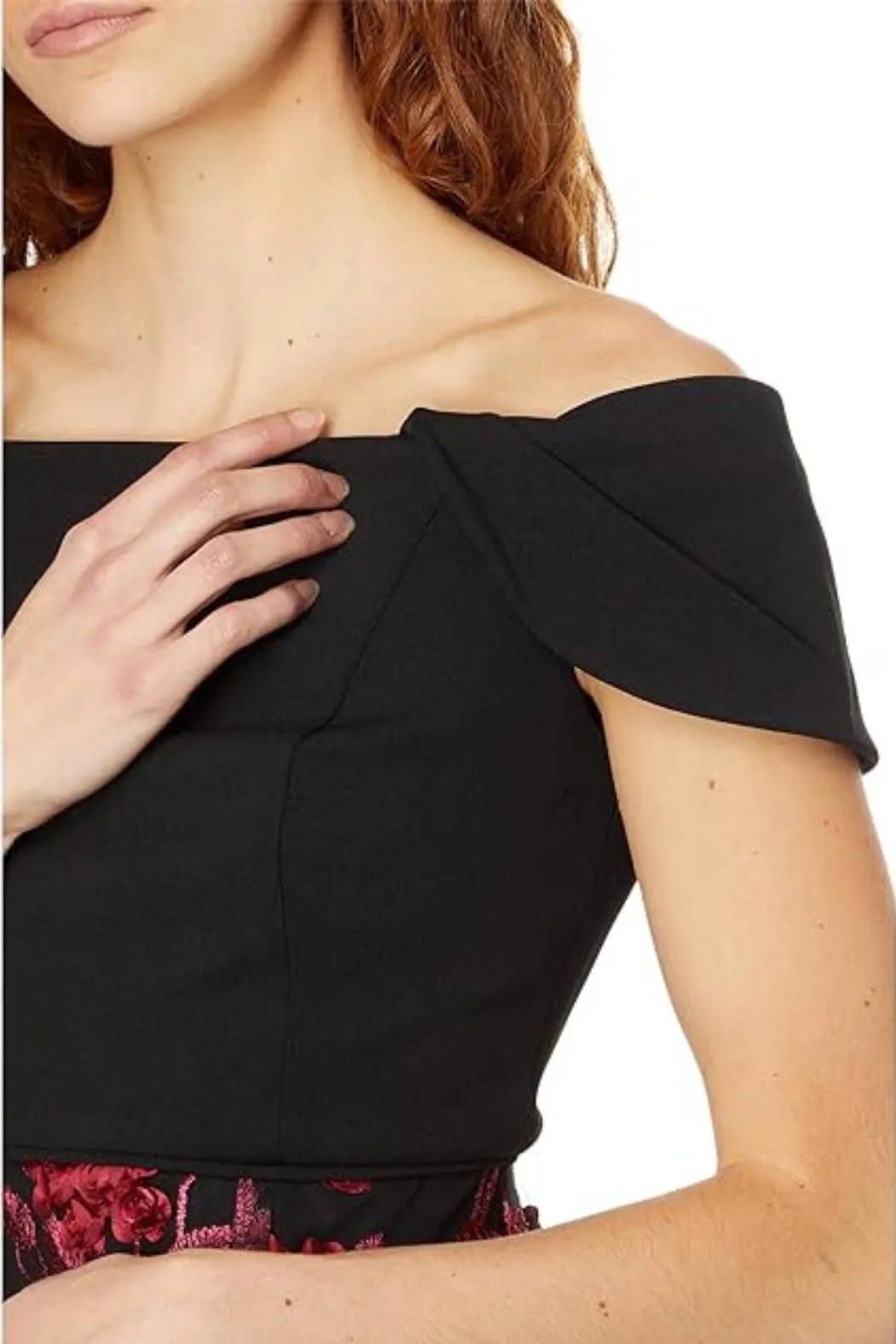 Adrianna Papell Embroidered Off-the-Shoulder Short Sleeve Bodice Gown