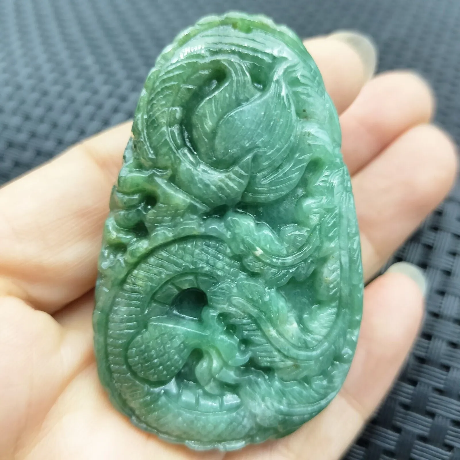 Certified Green Natural Type A Jade Jadeite Carved Dragon Phoenix Pendant
