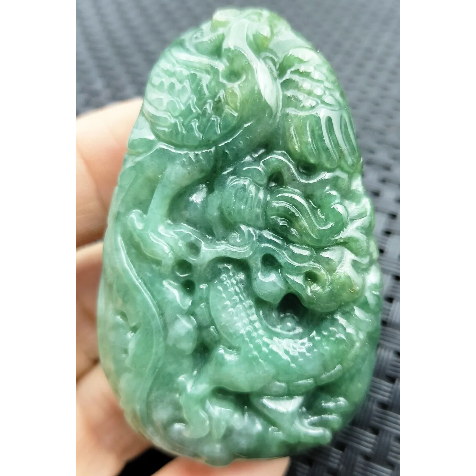 Certified Green Natural Type A Jade Jadeite Carved Dragon Phoenix Pendant