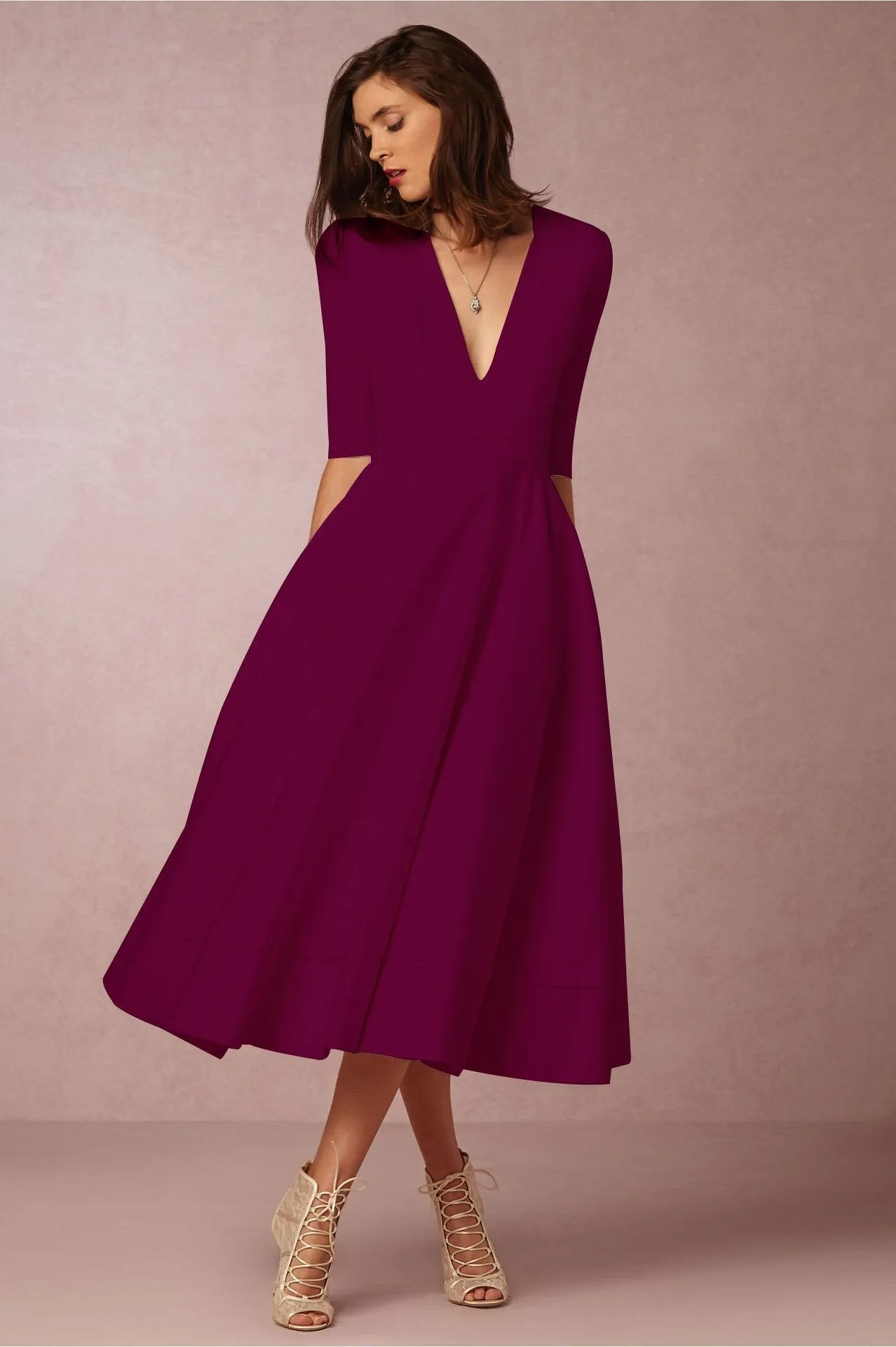 Clearance V-neck 3/4 Sleeves Solid High-waist Pleated Long Party Dress(Extra large code)