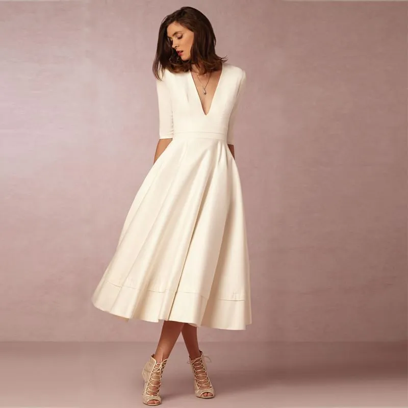 Clearance V-neck 3/4 Sleeves Solid High-waist Pleated Long Party Dress(Extra large code)
