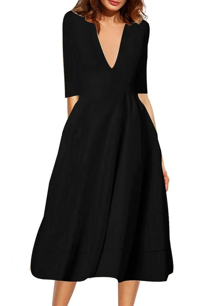 Clearance V-neck 3/4 Sleeves Solid High-waist Pleated Long Party Dress(Extra large code)