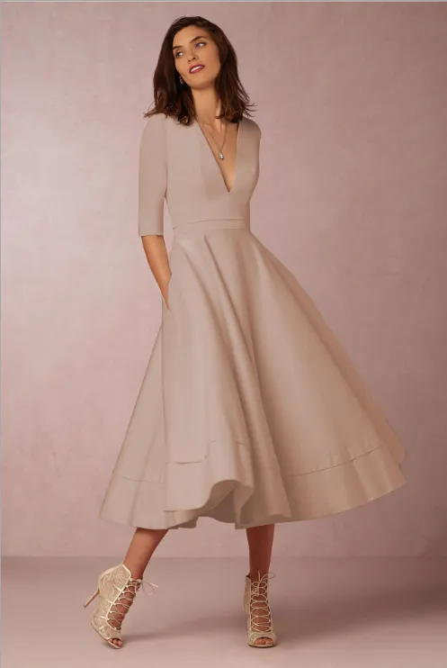 Clearance V-neck 3/4 Sleeves Solid High-waist Pleated Long Party Dress(Extra large code)