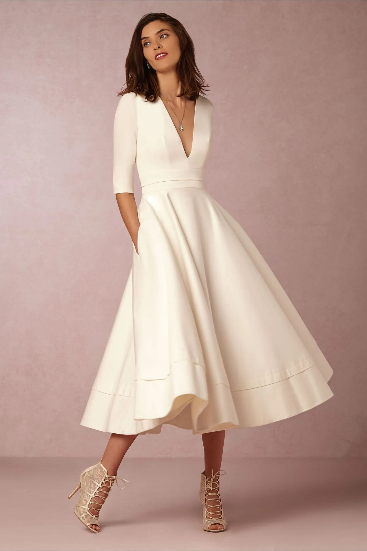 Clearance V-neck 3/4 Sleeves Solid High-waist Pleated Long Party Dress(Extra large code)