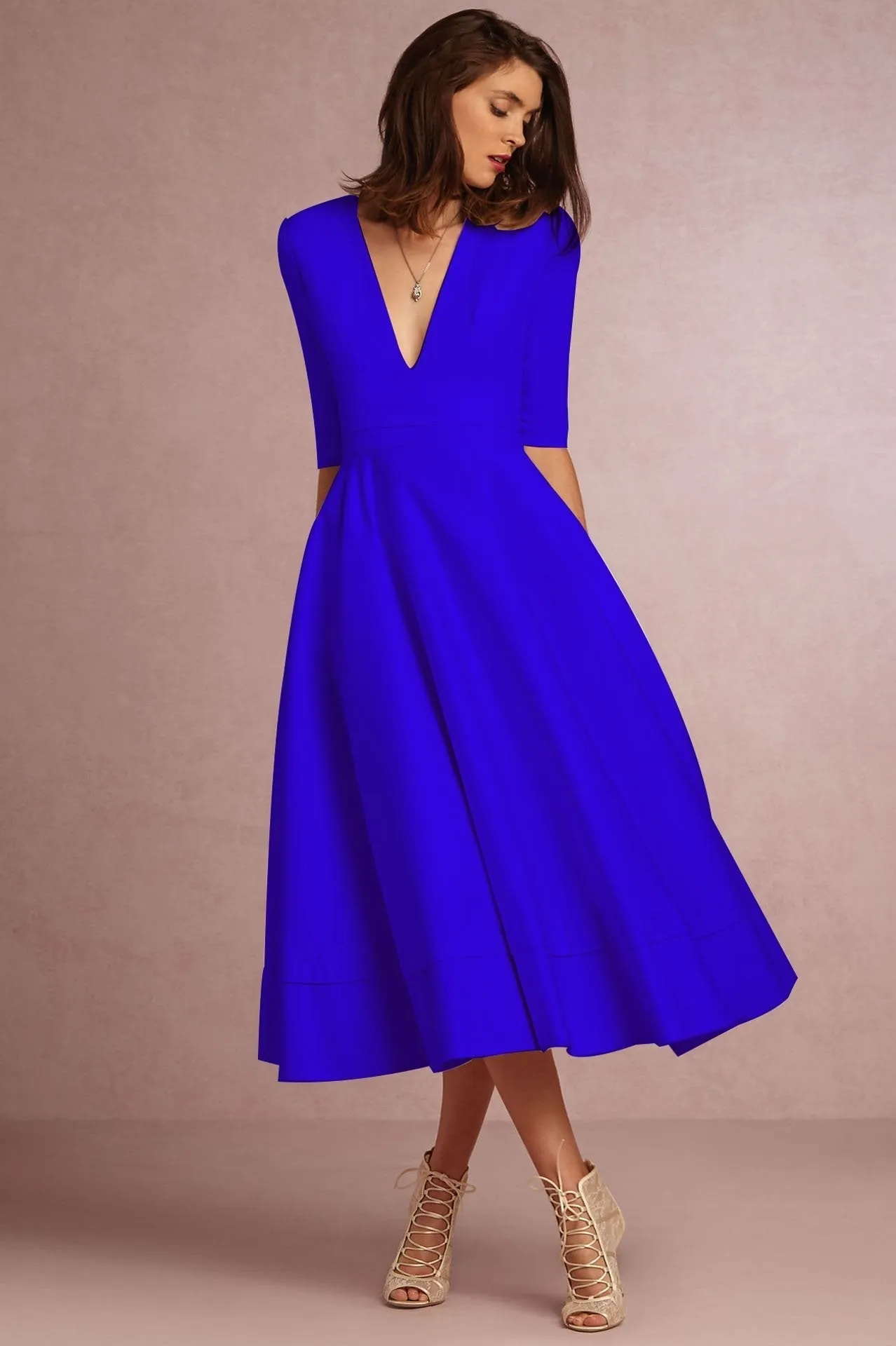 Clearance V-neck 3/4 Sleeves Solid High-waist Pleated Long Party Dress(Extra large code)