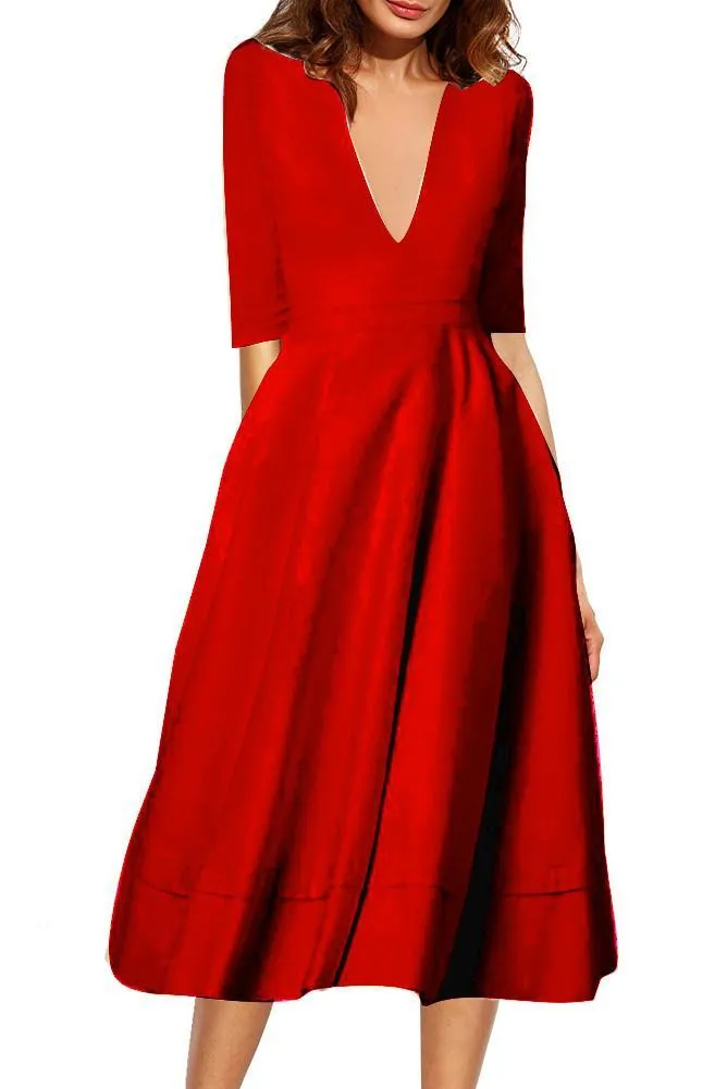 Clearance V-neck 3/4 Sleeves Solid High-waist Pleated Long Party Dress(Extra large code)