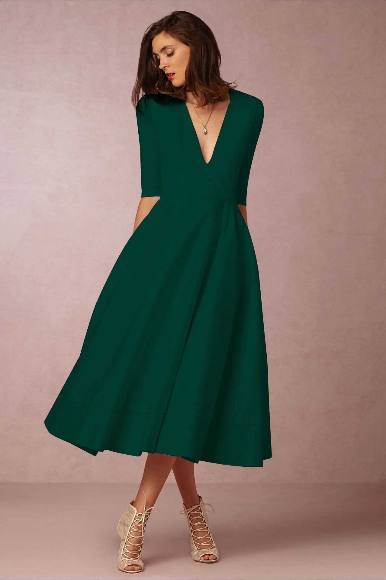 Clearance V-neck 3/4 Sleeves Solid High-waist Pleated Long Party Dress(Extra large code)
