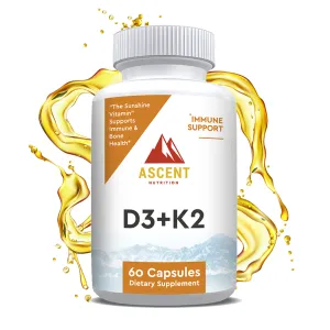D3   K2, 60 Capsules, 125 mcg D3   100 mcg K2 each by Ascent Nutrition