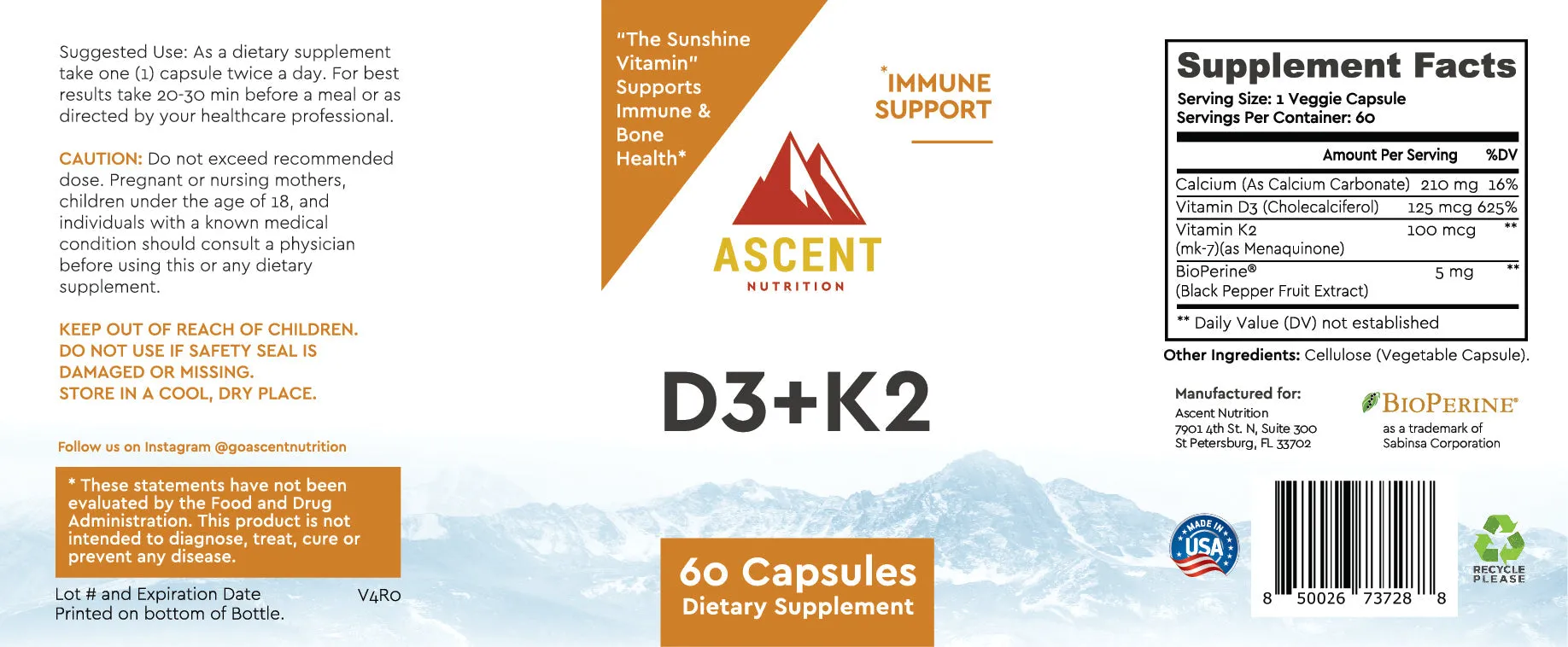 D3   K2, 60 Capsules, 125 mcg D3   100 mcg K2 each by Ascent Nutrition