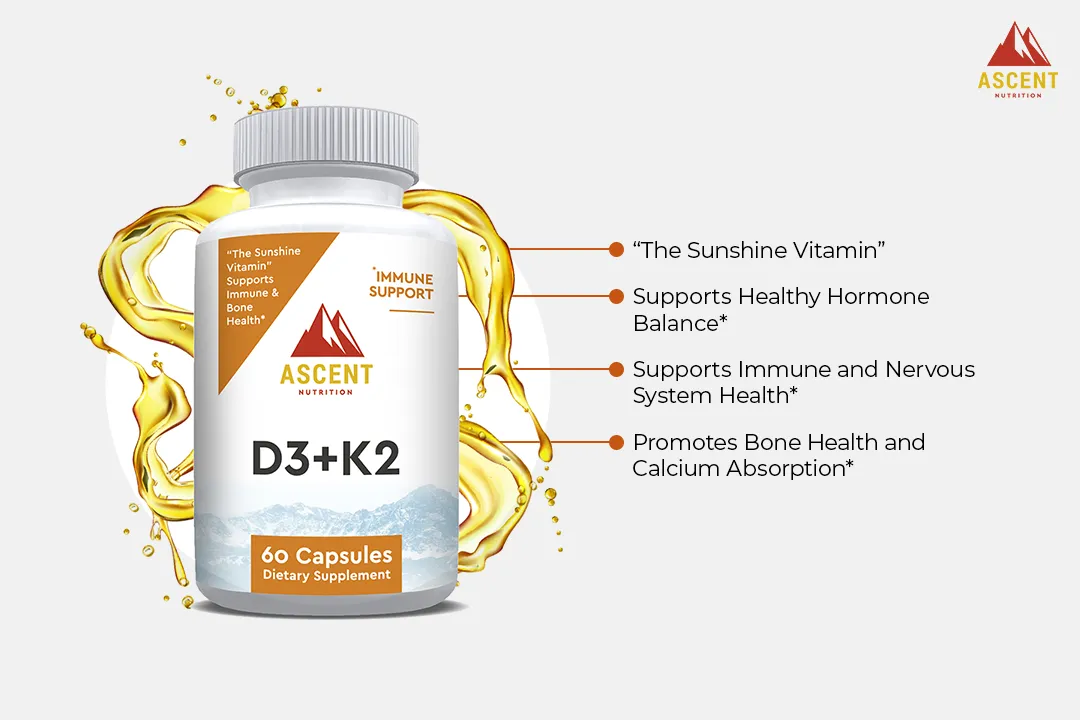 D3   K2, 60 Capsules, 125 mcg D3   100 mcg K2 each by Ascent Nutrition