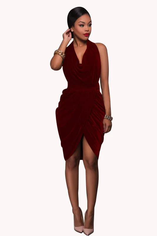 Deep V-neck Halter Backless Irregular Knee-Length Dress