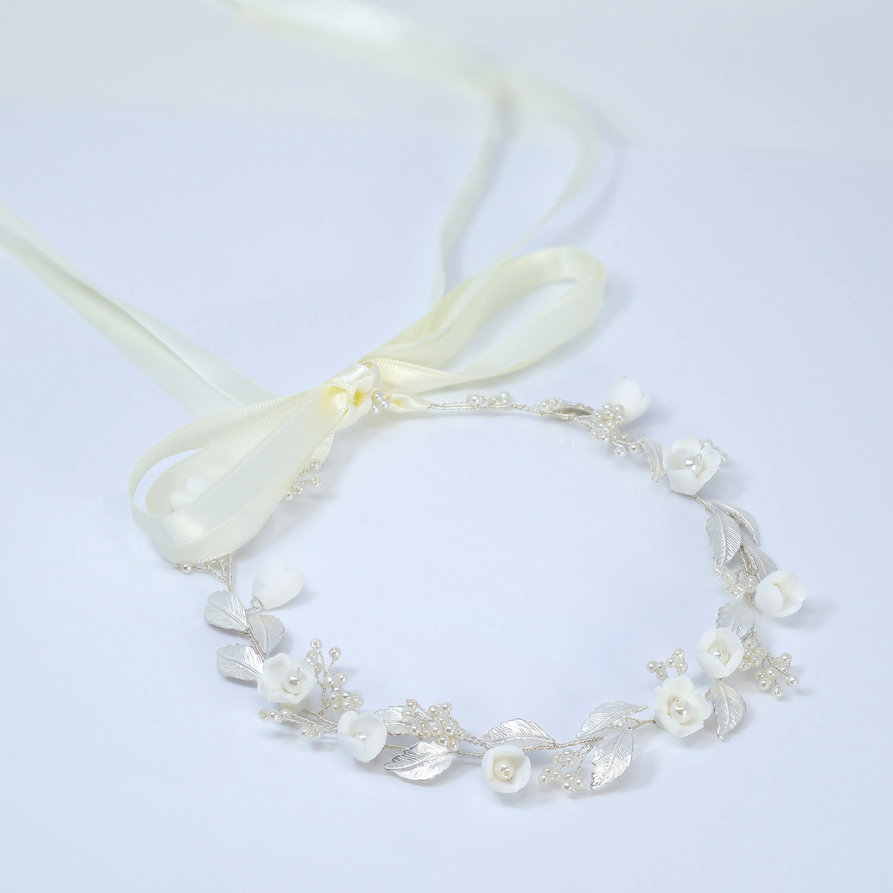 Faux Pearl Porcelain Ceramic White Flower Pearl Bridal Headband, Bridal Hair Vine, Delicate Headband, Hair accessories.