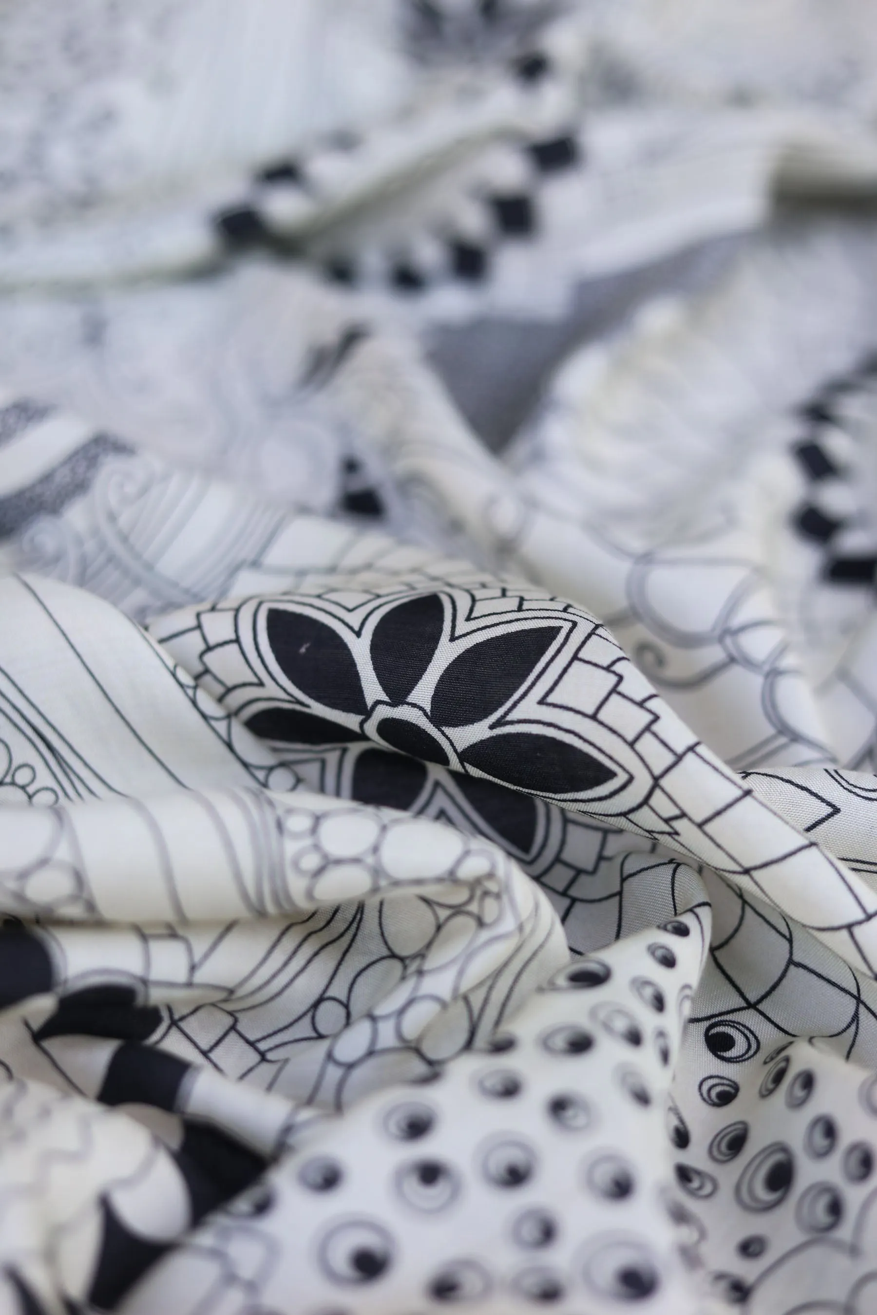 Ivory Oriental Pattern Printed Natural Muslin Silk Fabric
