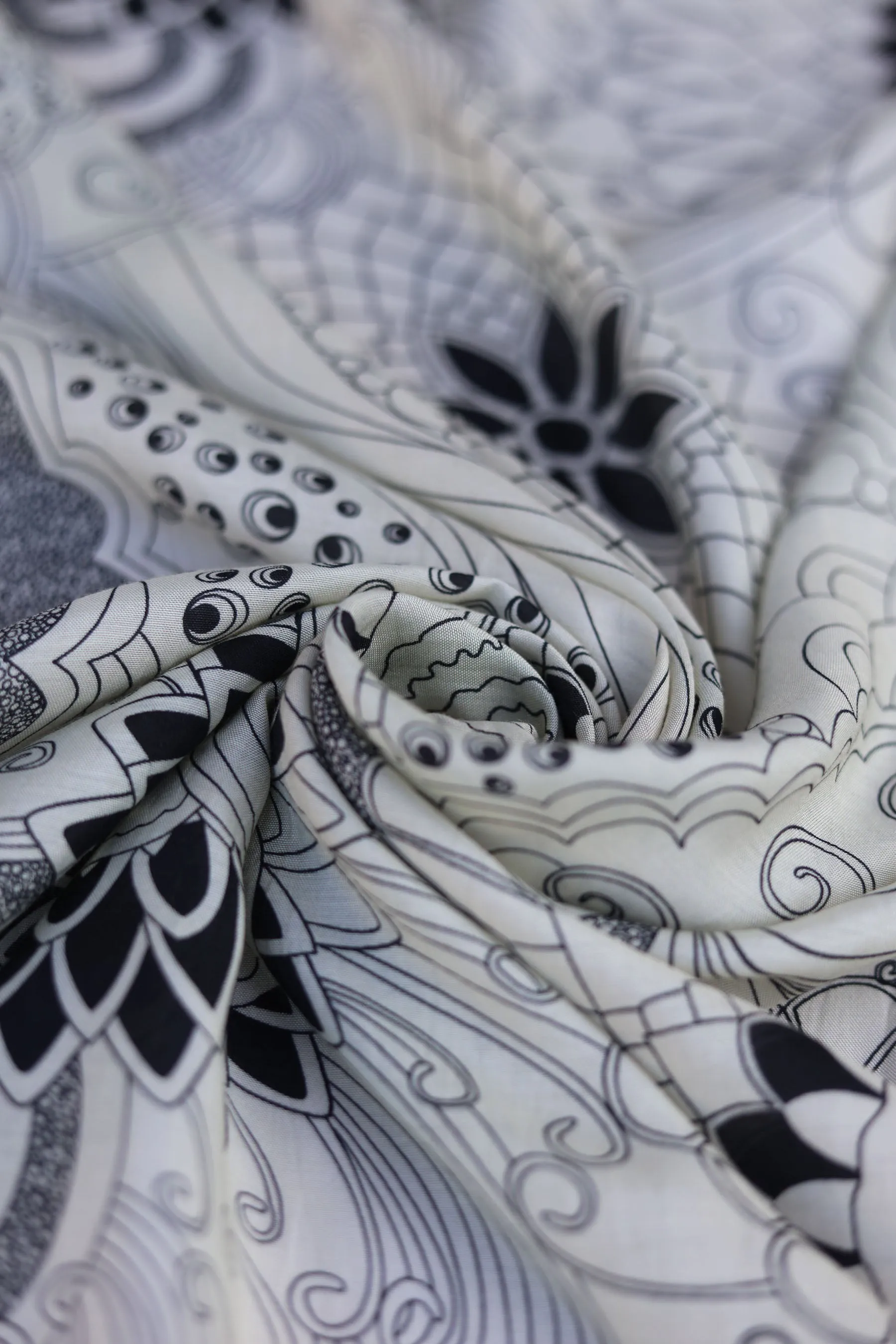 Ivory Oriental Pattern Printed Natural Muslin Silk Fabric