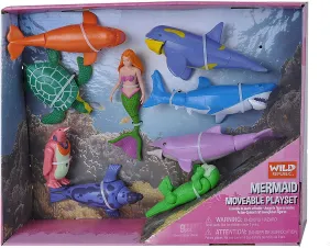 Mermaid Moveable Action Playset, Aquatic Animals, Kids Gifts, Water Toys, 9-Pieces