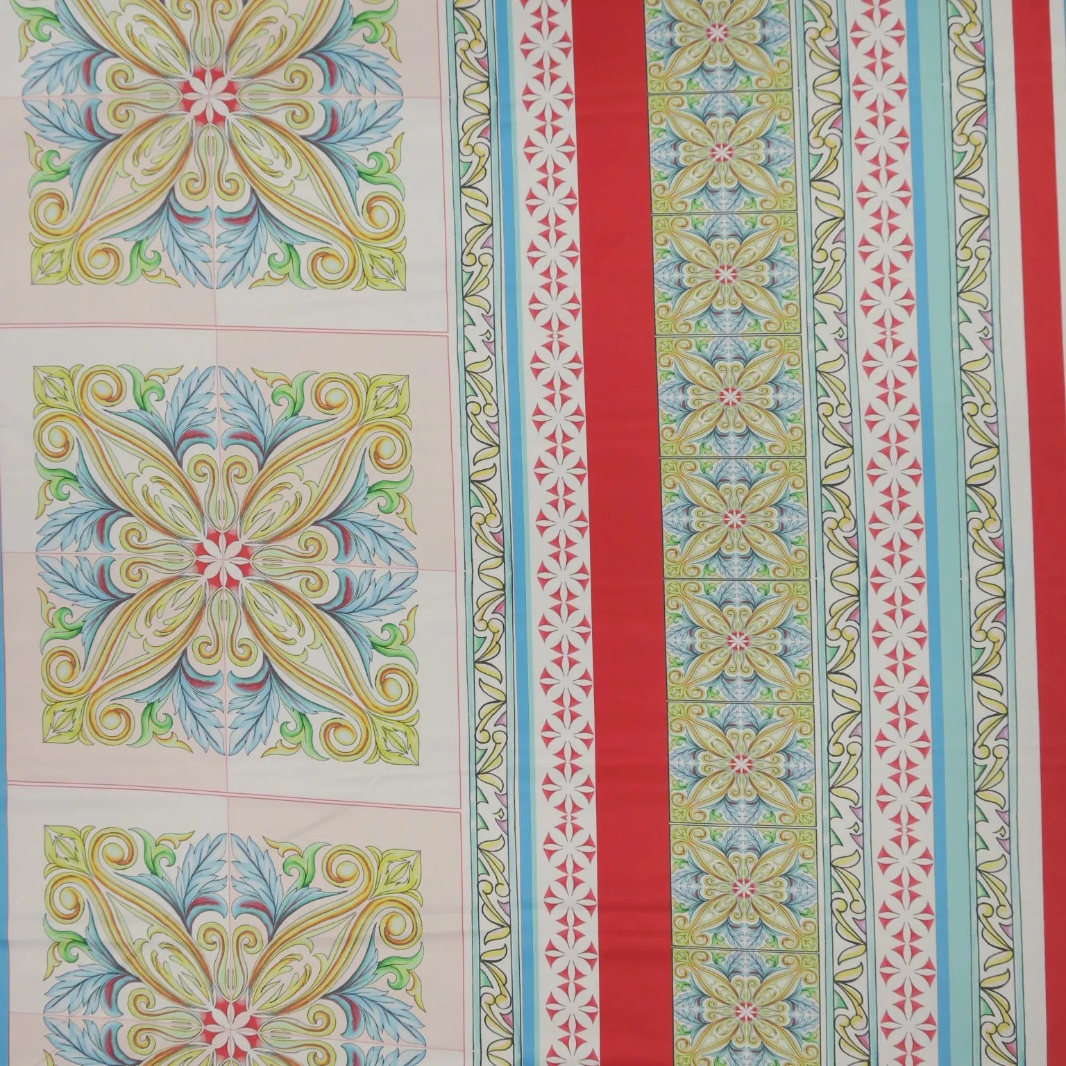 Multicolored Royal Red Abstract on White Printed Polyester Mikado Fabric