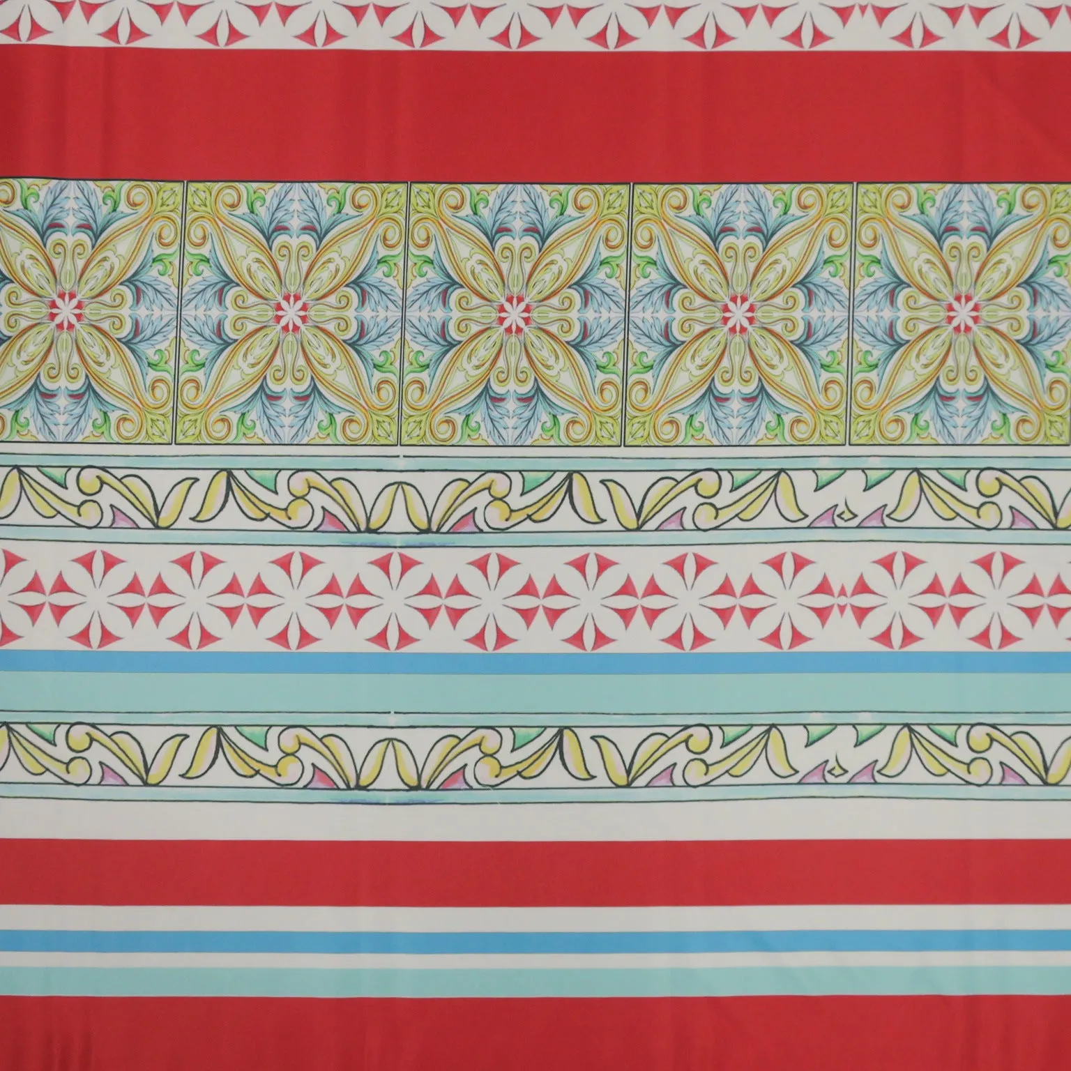 Multicolored Royal Red Abstract on White Printed Polyester Mikado Fabric