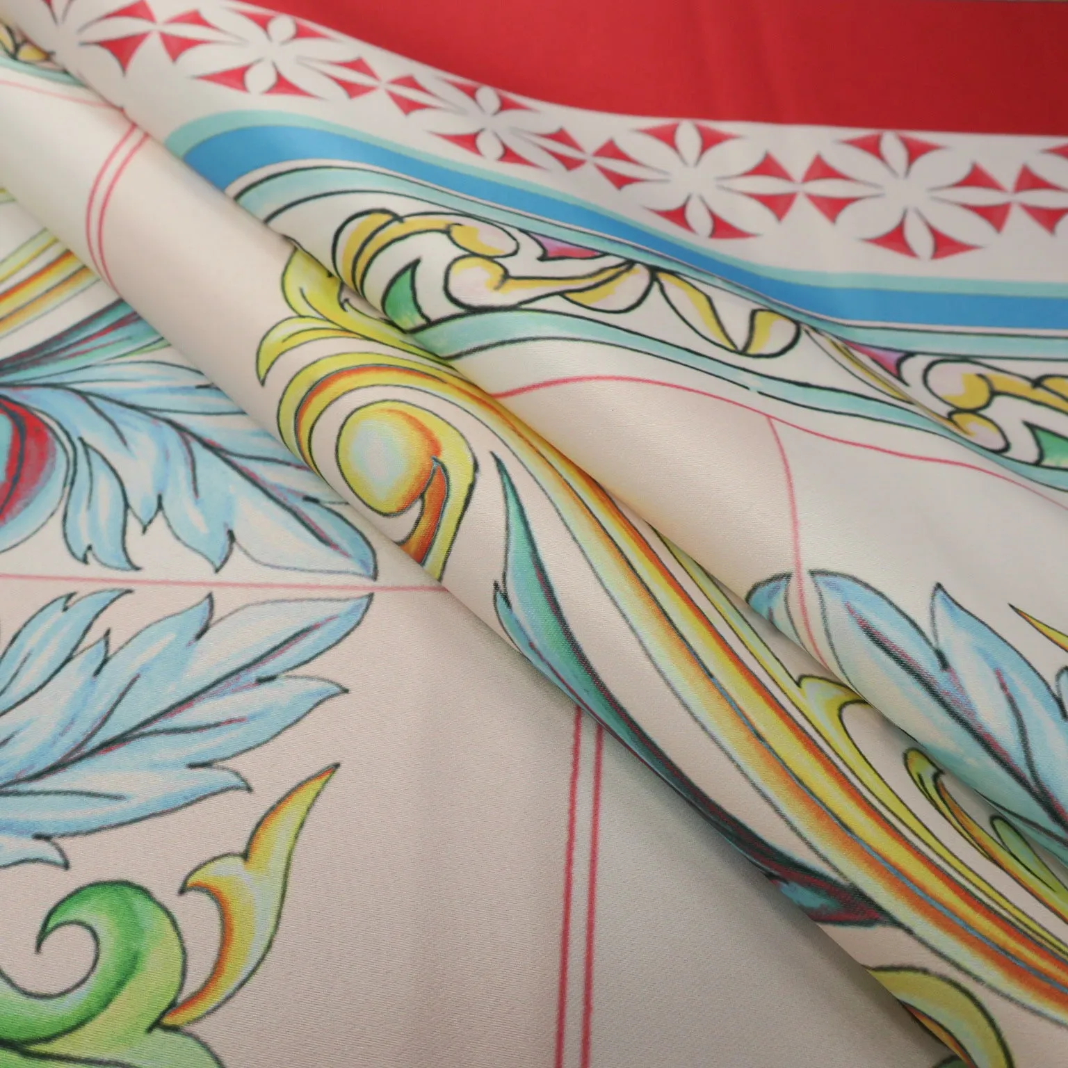 Multicolored Royal Red Abstract on White Printed Polyester Mikado Fabric