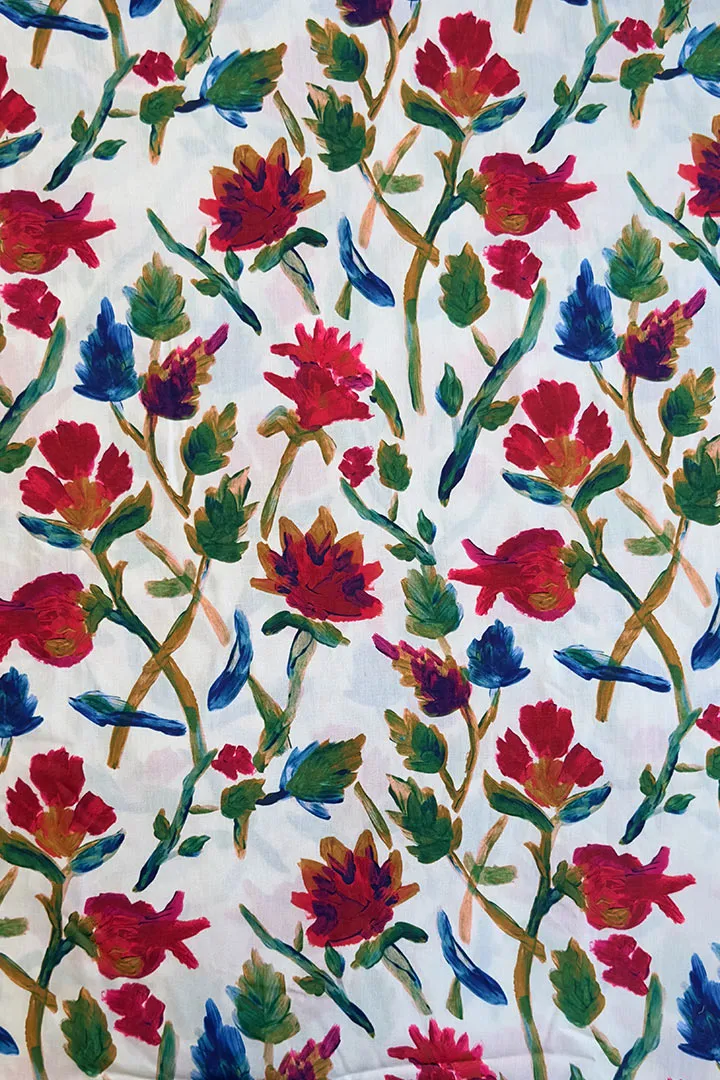 Off-White Floral Printed Muslin Fabric