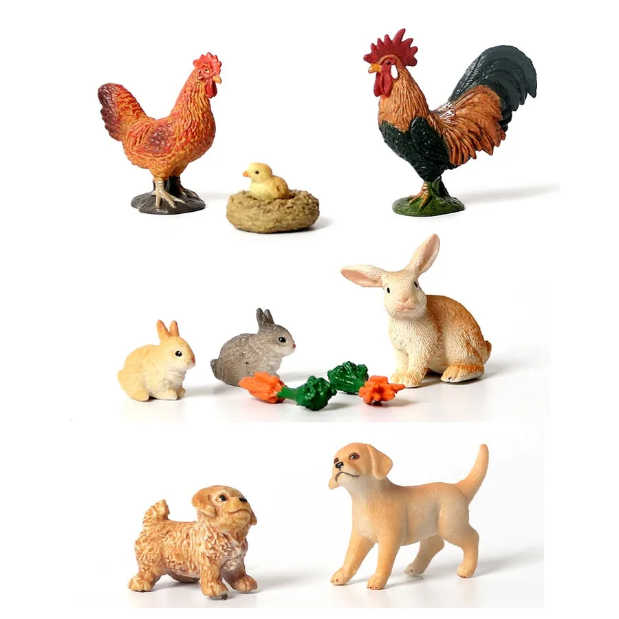 Simulation Hand-painted animal protototype Set Hen Poultry,Rabbit,Dog Farm Model Figurine Miniature Educational Kids Toys