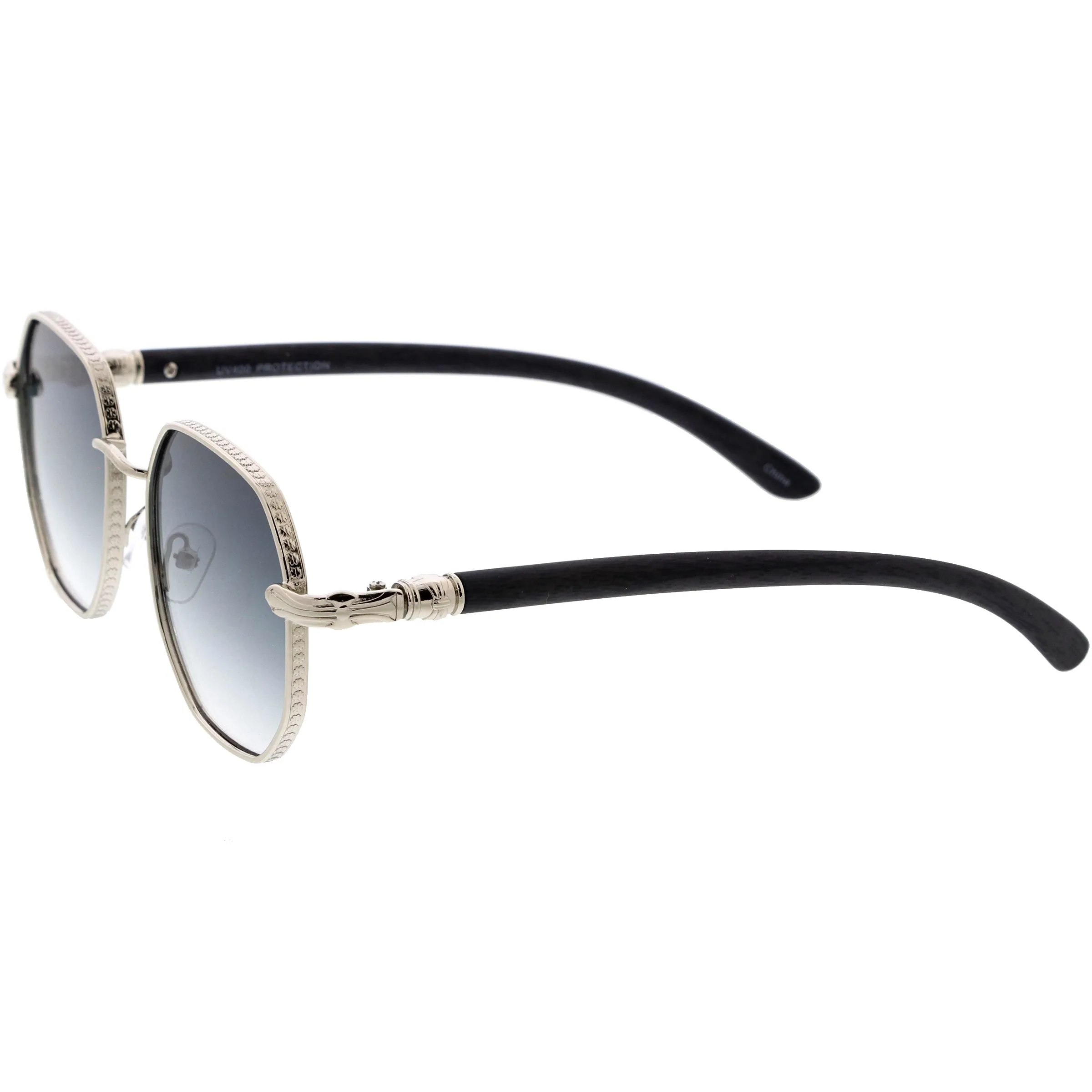 Sleek Medium Geometric Wood Detail Round Polygon Sunglasses D309