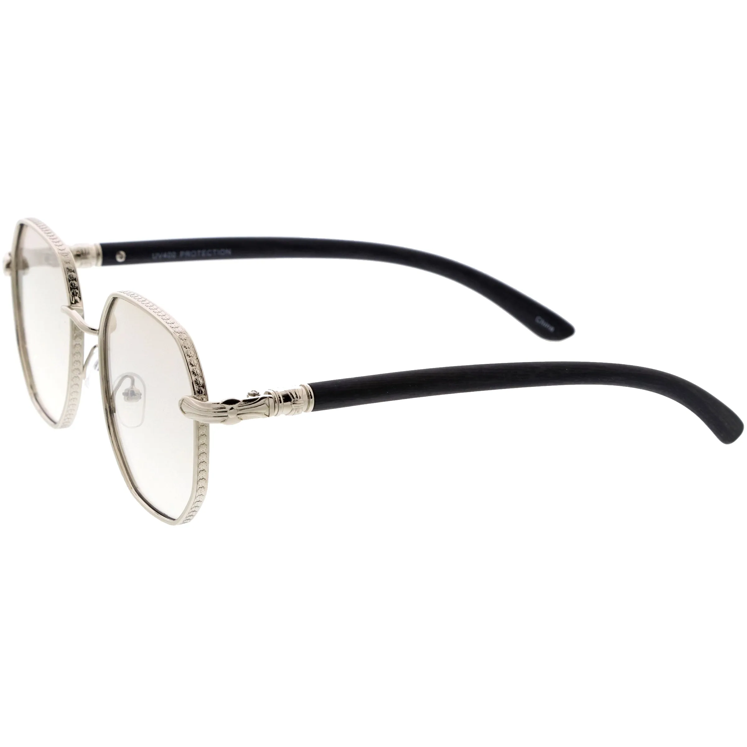 Sleek Medium Geometric Wood Detail Round Polygon Sunglasses D309