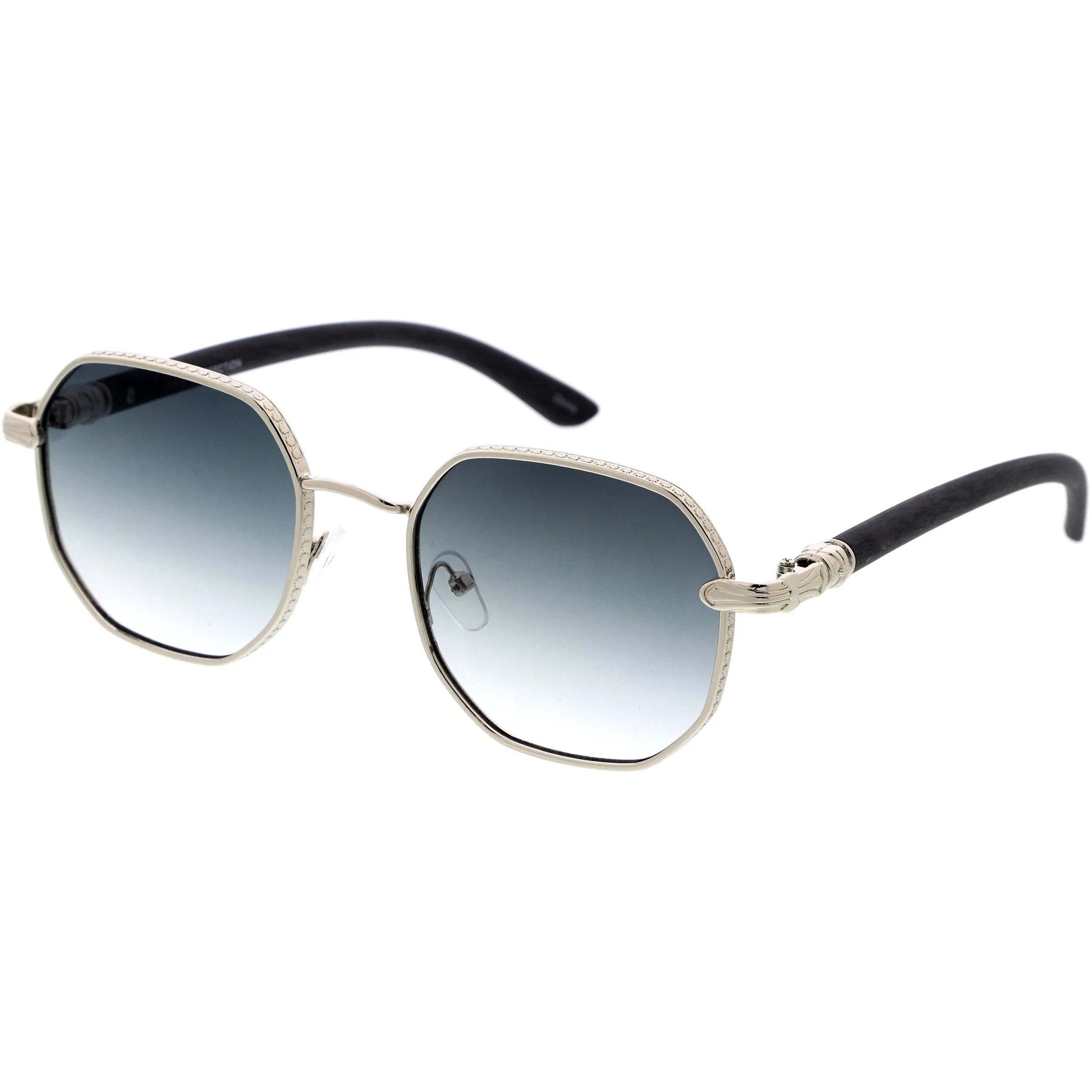 Sleek Medium Geometric Wood Detail Round Polygon Sunglasses D309