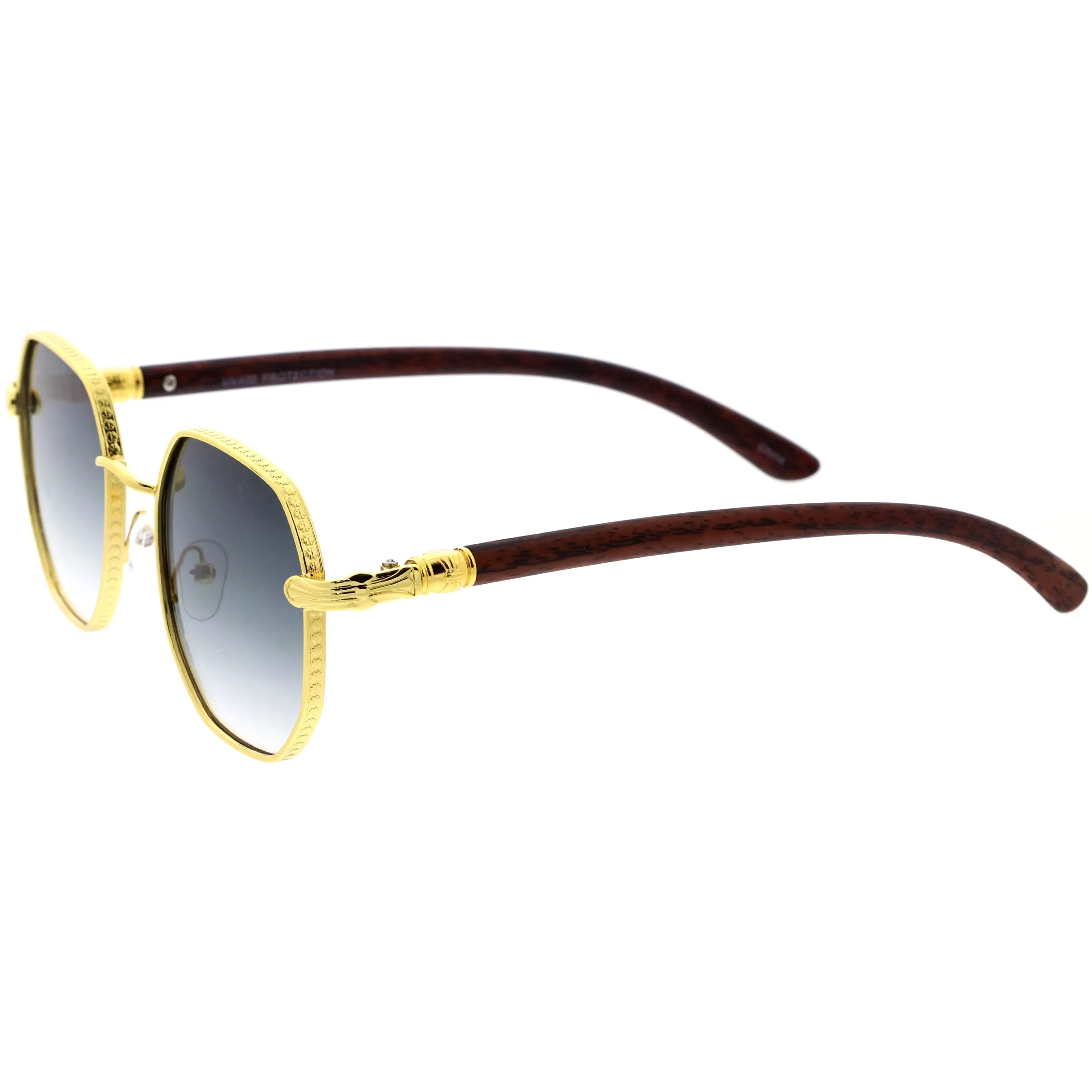 Sleek Medium Geometric Wood Detail Round Polygon Sunglasses D309