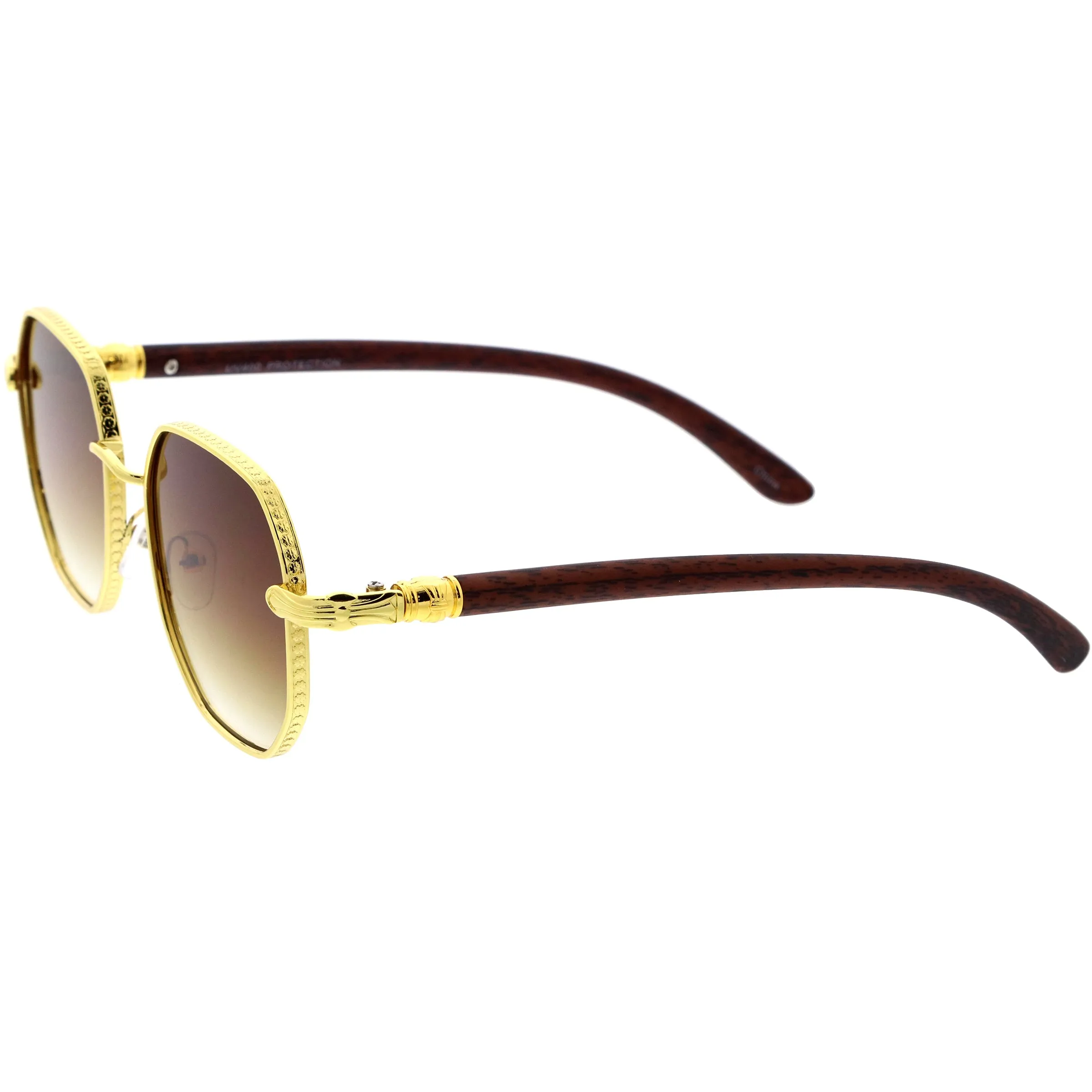Sleek Medium Geometric Wood Detail Round Polygon Sunglasses D309