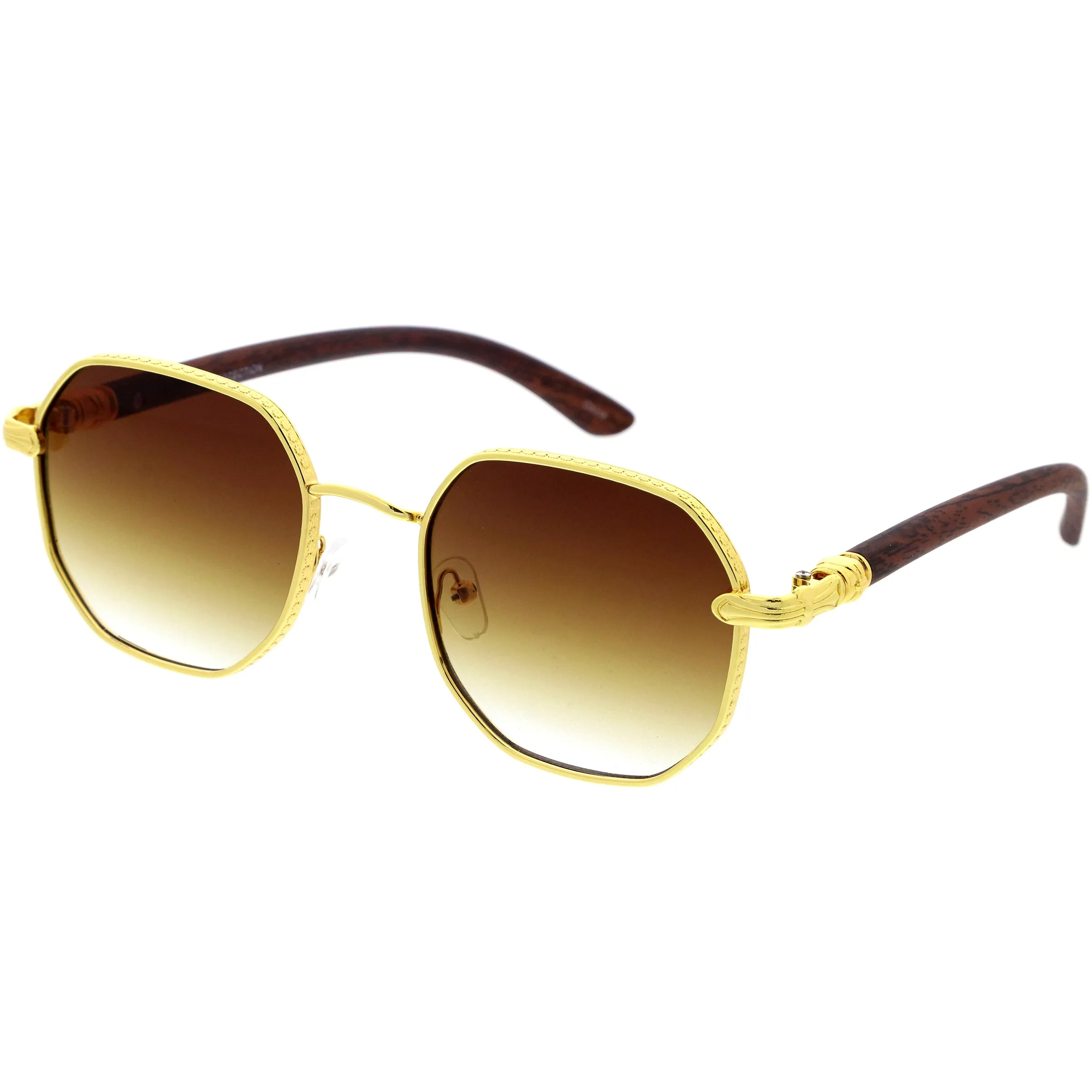 Sleek Medium Geometric Wood Detail Round Polygon Sunglasses D309