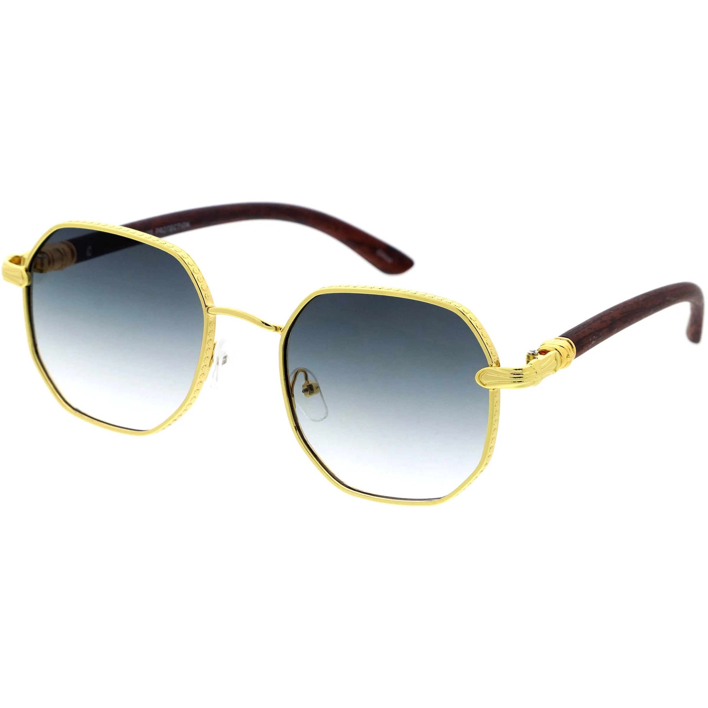Sleek Medium Geometric Wood Detail Round Polygon Sunglasses D309