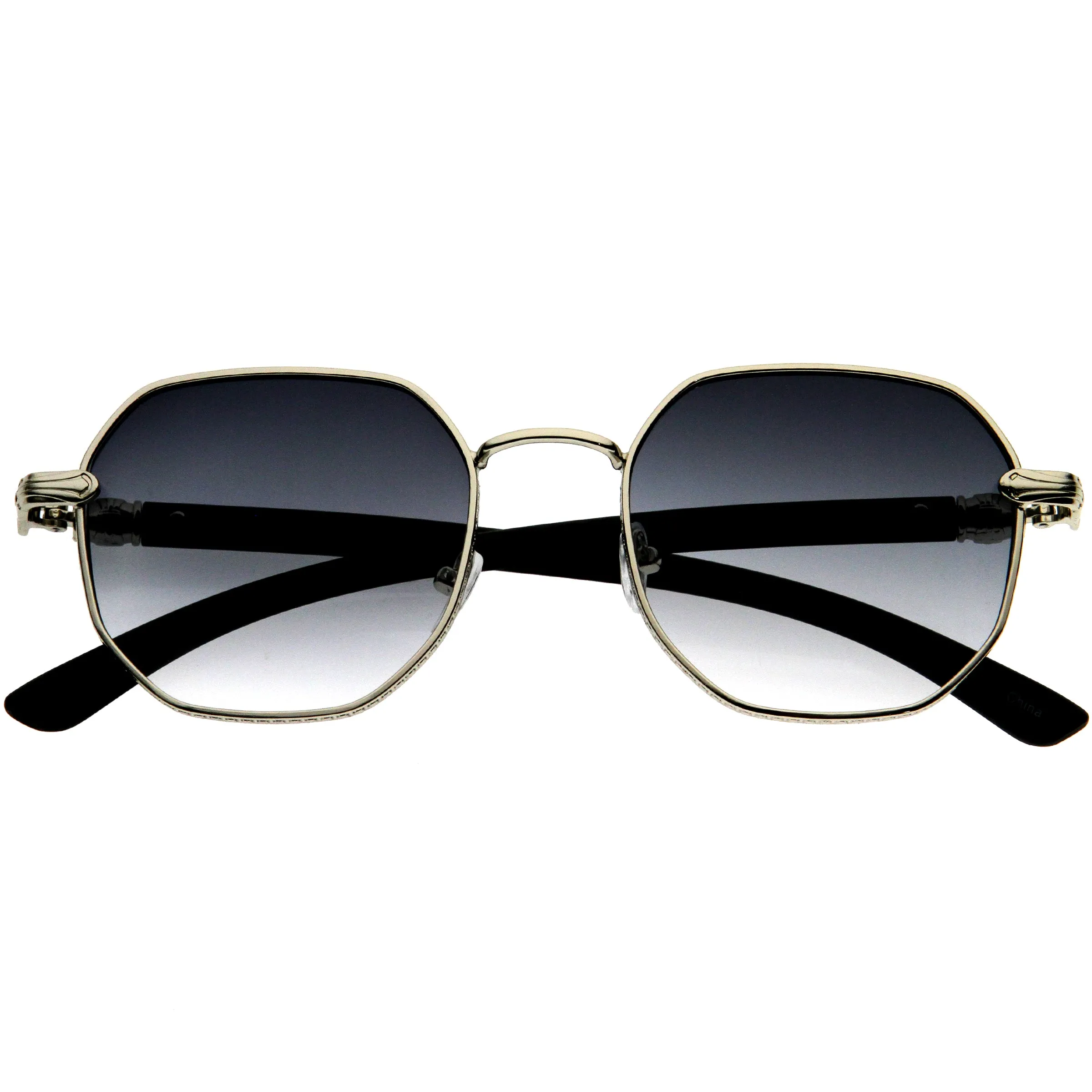 Sleek Medium Geometric Wood Detail Round Polygon Sunglasses D309