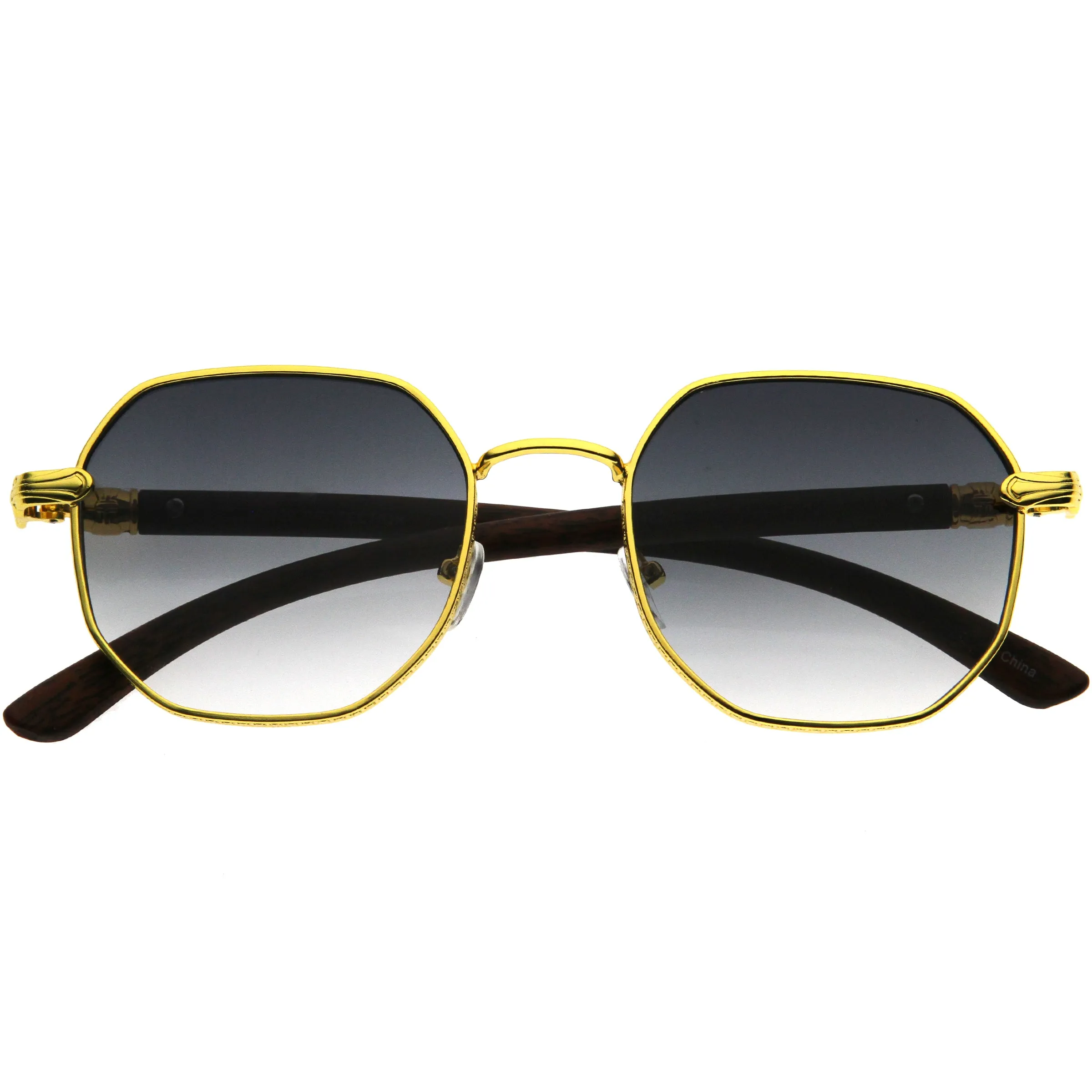 Sleek Medium Geometric Wood Detail Round Polygon Sunglasses D309