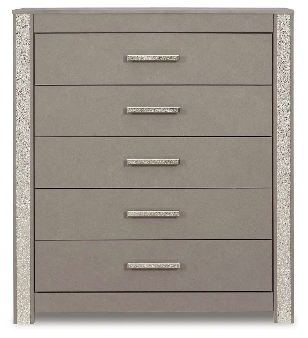 Surancha Queen Panel Bed with Mirrored Dresser, Chest and 2 Nightstands in Gray