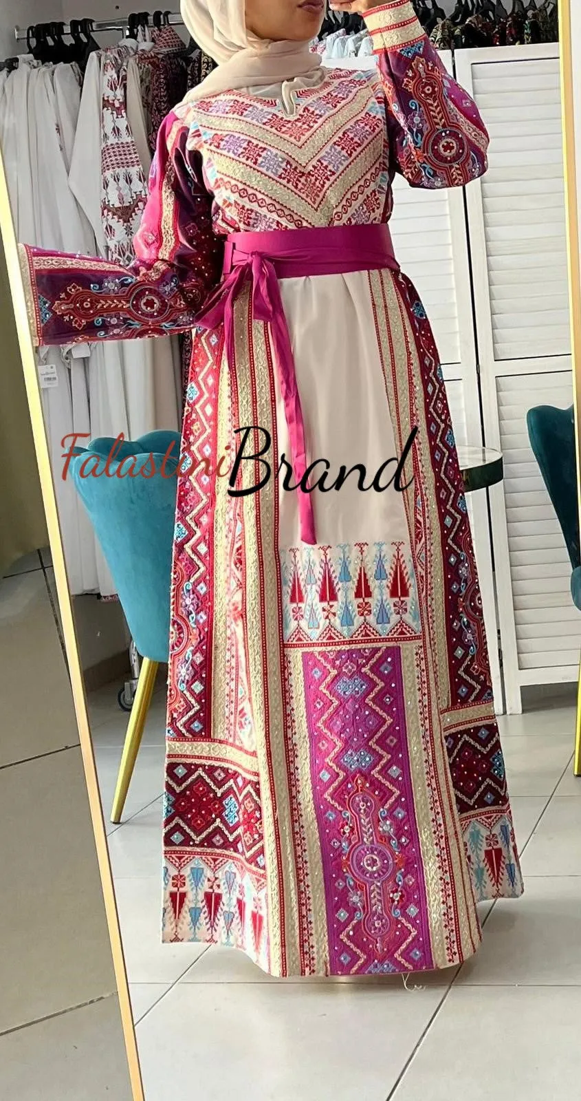 Very Luxurious Off White and Pink and Purple Thobe with Qasab and Satin Details