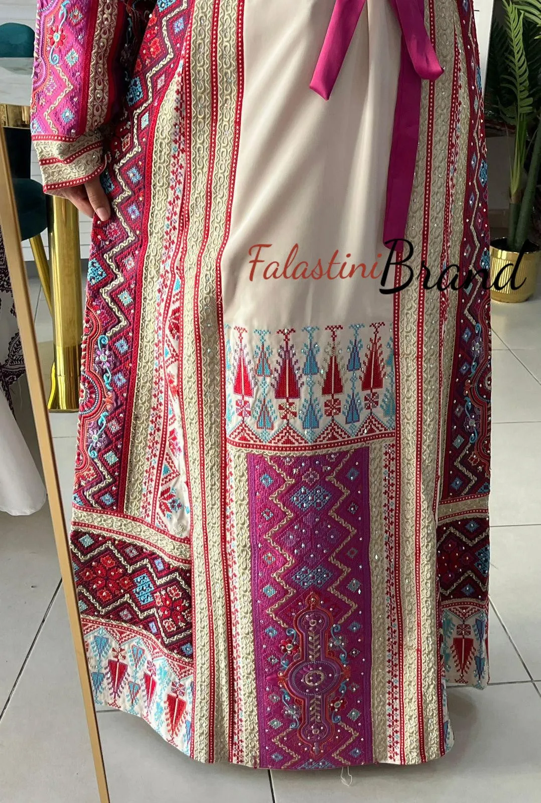 Very Luxurious Off White and Pink and Purple Thobe with Qasab and Satin Details