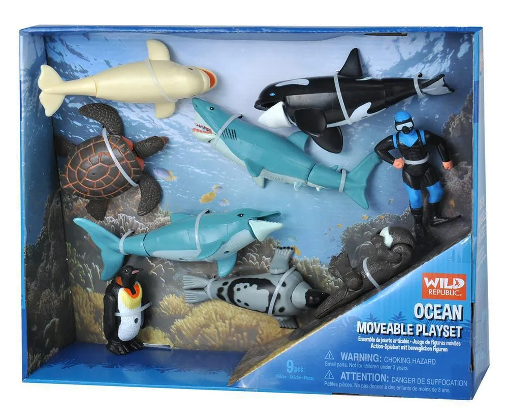 Wild Republic Ocean Moveable Action Playset, Aquatic Animals, Kids Gifts, Shark Toys, 9-Pieces