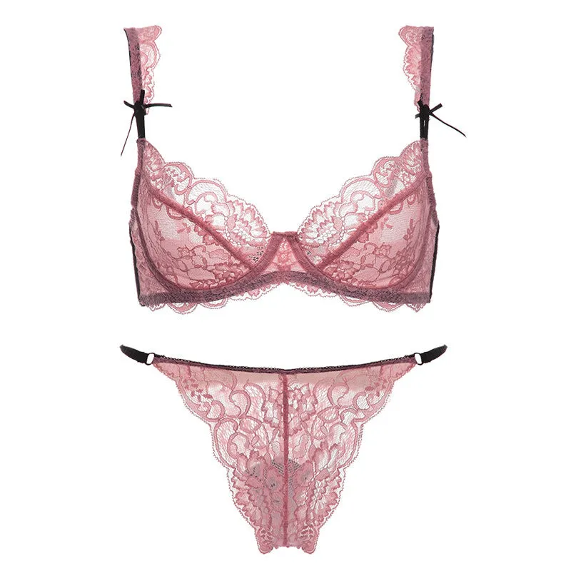 Women's Lace Ultra-Thin Bra Temptation Transparent Breathable Bra Fat Plus Size Slim Bow Underwear Set