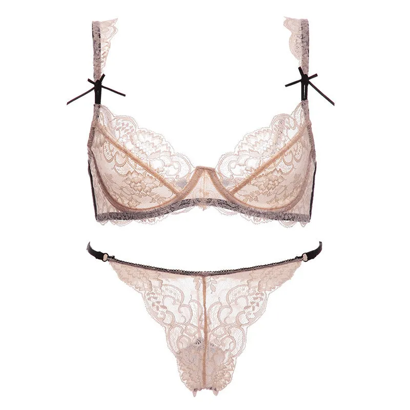 Women's Lace Ultra-Thin Bra Temptation Transparent Breathable Bra Fat Plus Size Slim Bow Underwear Set