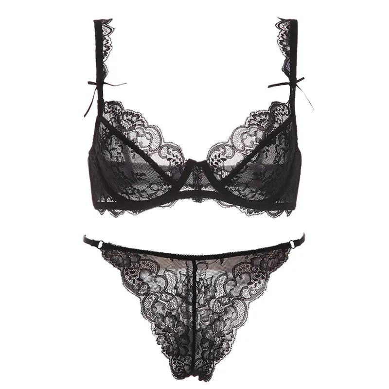 Women's Lace Ultra-Thin Bra Temptation Transparent Breathable Bra Fat Plus Size Slim Bow Underwear Set