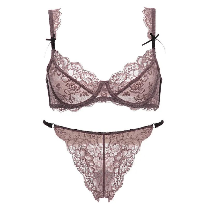 Women's Lace Ultra-Thin Bra Temptation Transparent Breathable Bra Fat Plus Size Slim Bow Underwear Set