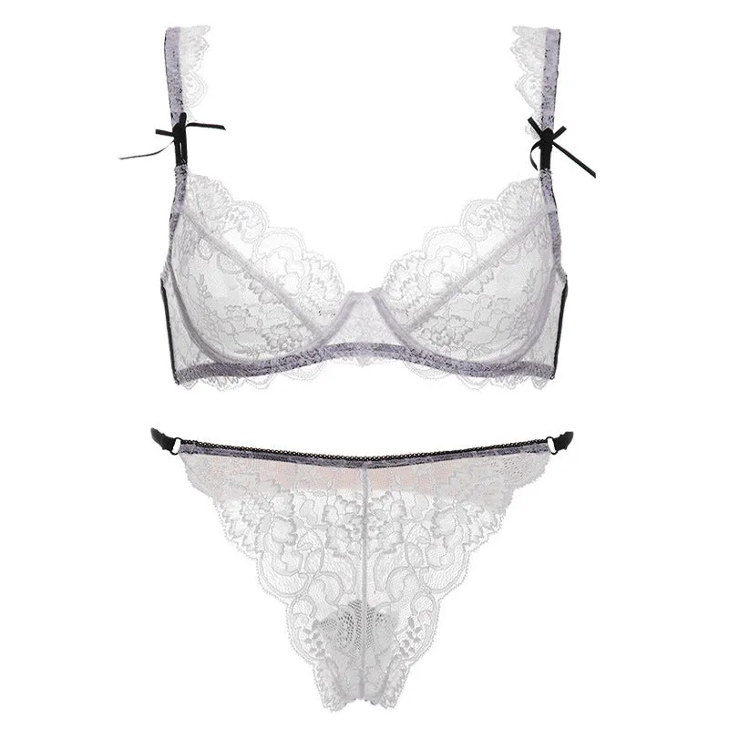 Women's Lace Ultra-Thin Bra Temptation Transparent Breathable Bra Fat Plus Size Slim Bow Underwear Set