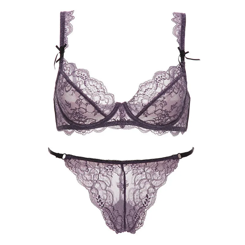 Women's Lace Ultra-Thin Bra Temptation Transparent Breathable Bra Fat Plus Size Slim Bow Underwear Set
